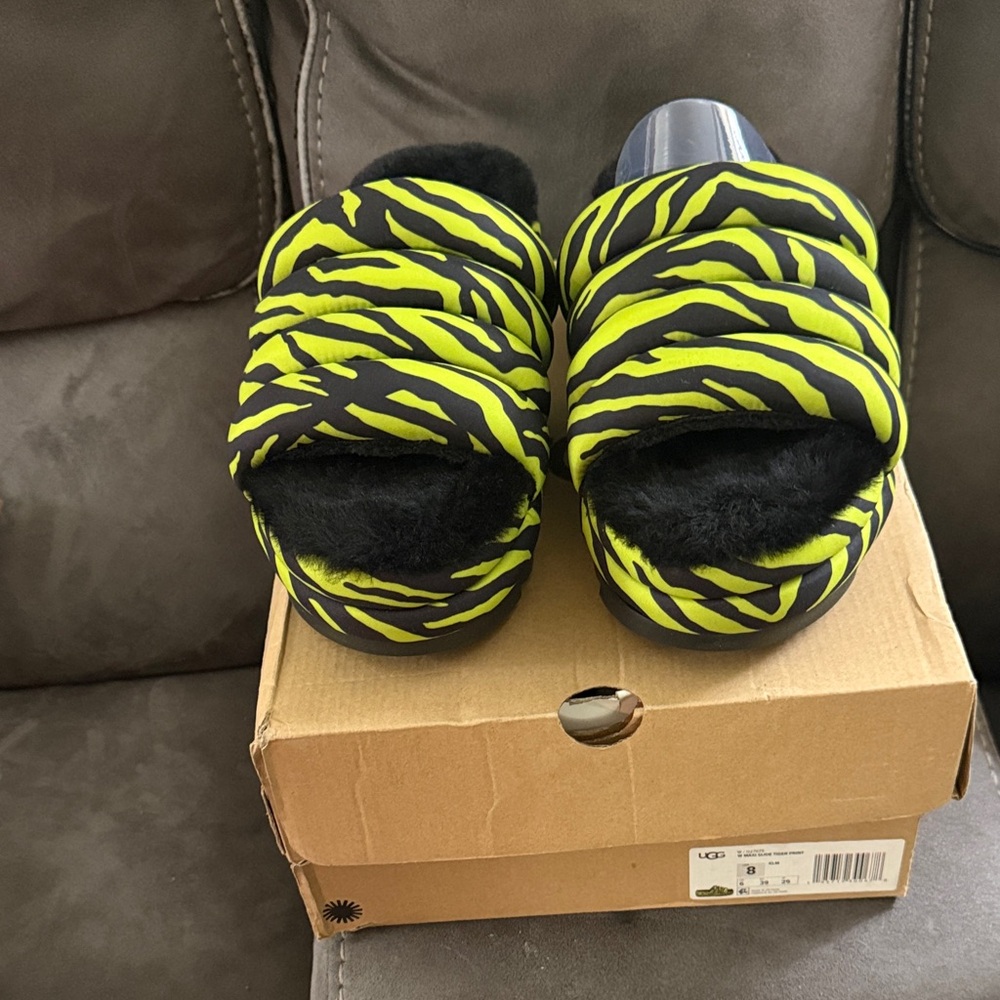 UGG women Neon Yellow & Black Zebra Slide Slippers